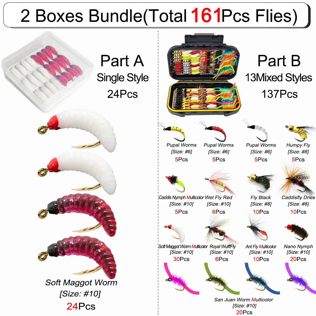 Fly Fishing Flies Total:161Pcs(2 Boxes) Fly Fishing Bait Dry/Wet Fly Nymph Fly Fishing Lure Fly Box for Trout Salmon -Fly Fishing Kit