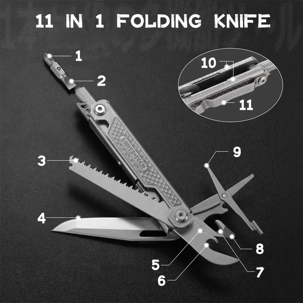 SWISS TECH 11 in 1 Mini Multitool Knife Folding EDC Outdoor Camping Survival Tools Scissors Screwdriver Multi Tool with Clip