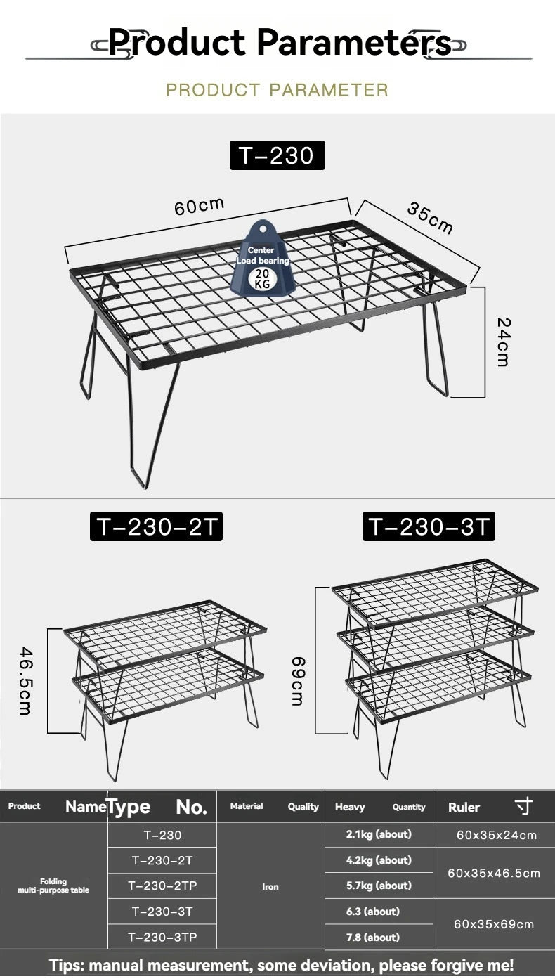 CAMPINGMOON T-230 Outdoor Simple Field Rack Folding Table Iron Multi functional Outdoor Camping Picnic Table Barbecue Table Can be Multi layer Paired