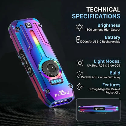 TUOWEE 7-in-1 1800LM Tactical Flashlight, Type-C Rechargeable EDC Light with 395 NM UV Light, Laser, RGB Light, Magnetic Base & Stepless Dimming for Outdoor Use