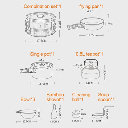 Camping Cookware Set for 2–3 People – Non-Stick Camping Cooking Pot & Pan Set with Teapot, Travel Tableware Kit for Outdoor Camping, Hiking, Backpacking & Picnics