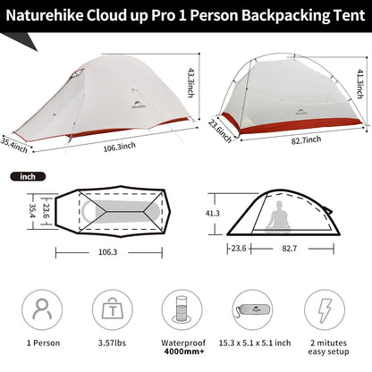 Naturehike Cloud Up Pro Tent 1 Person Double Layers Backpacking Tents 20D Nylon Waterproof Ultralight Tent for Camping Hiking