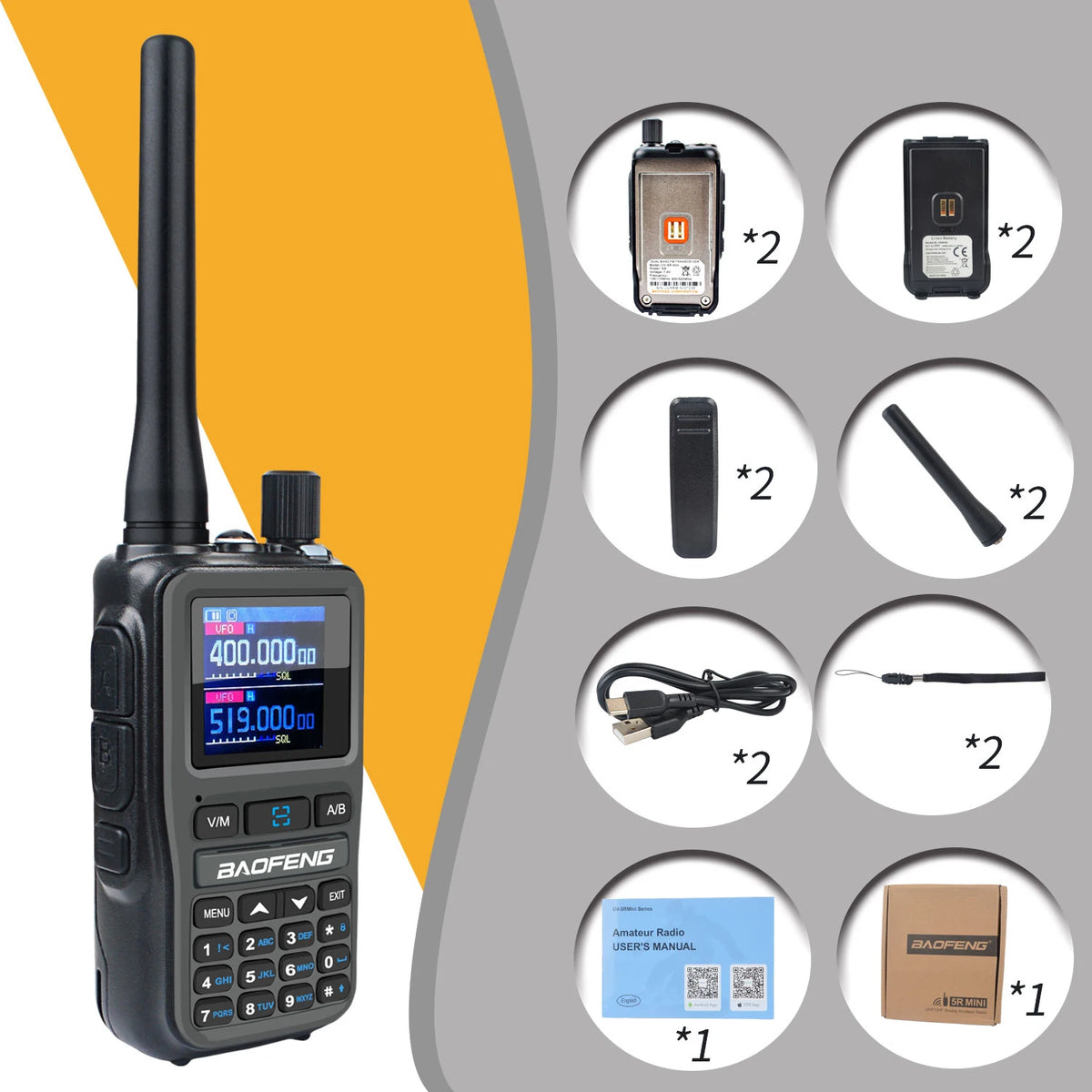 Baofeng UV-5R Mini Dual-Band Walkie Talkies – 2-Pack, 5W, Dual PTT, VOX, FM & Air Band RX, Type-C Charging