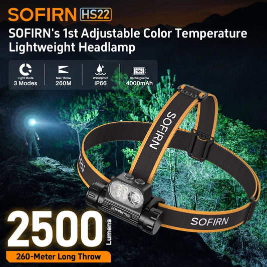 SOFIRN HS22 Headlight 2500lm Stepless Color Temperature Adjustment Ultra-Bright Headlamp 6000K Light with 2700K Warm Torch