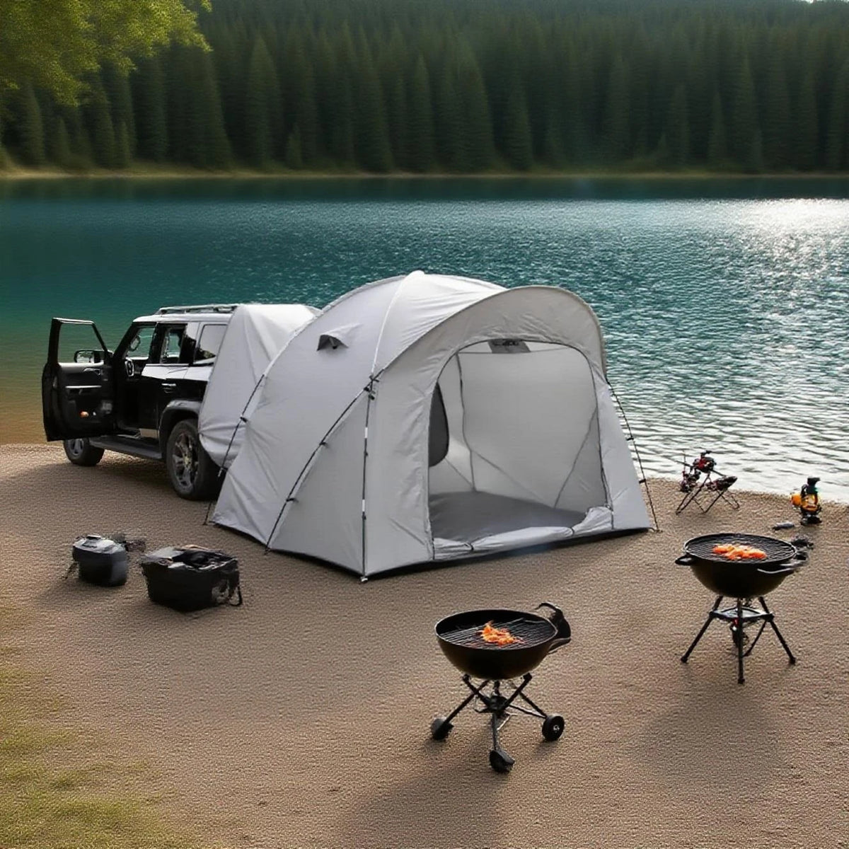 3-4 Person SUV Camping Tent PU4000 Waterproof with Mesh Bug Door, Cross-Ventilated Quick-Pitch Design, Built-In Floor