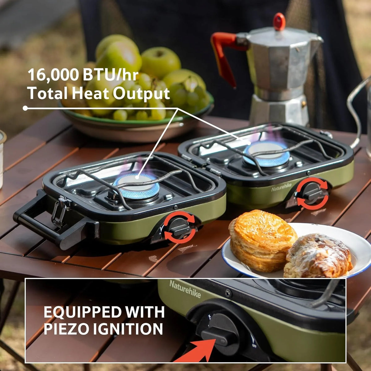 Naturehike 2-Burner Folding Propane Camping Stove with Carry Bag – 16,000 BTU Portable Outdoor Stove for Camping, Picnics & Cooking
