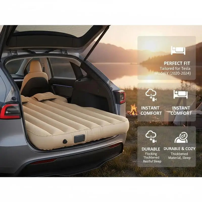 Inflatable Vehicle Sleeping Mat (75" × 51") – Built-In Air Pump, Thickened Flocked Surface, Portable Car Camping Air Mattress for Travel & Road Trips (Beige)