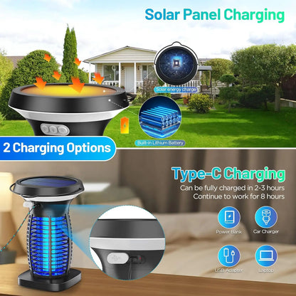 Solar-Powered Outdoor Bug Zapper – Waterproof, Portable & Rechargeable Mosquito and Fly Trap with Solar Panel, Light Sensor & LED Night Light