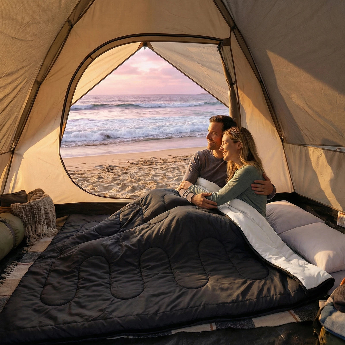 A lightweight 3-season double sleeping bag designed for two adults. It includes pillows, packs into a compact carrying bag, and is intended for camping, hiking, fishing, festivals, and road trips.