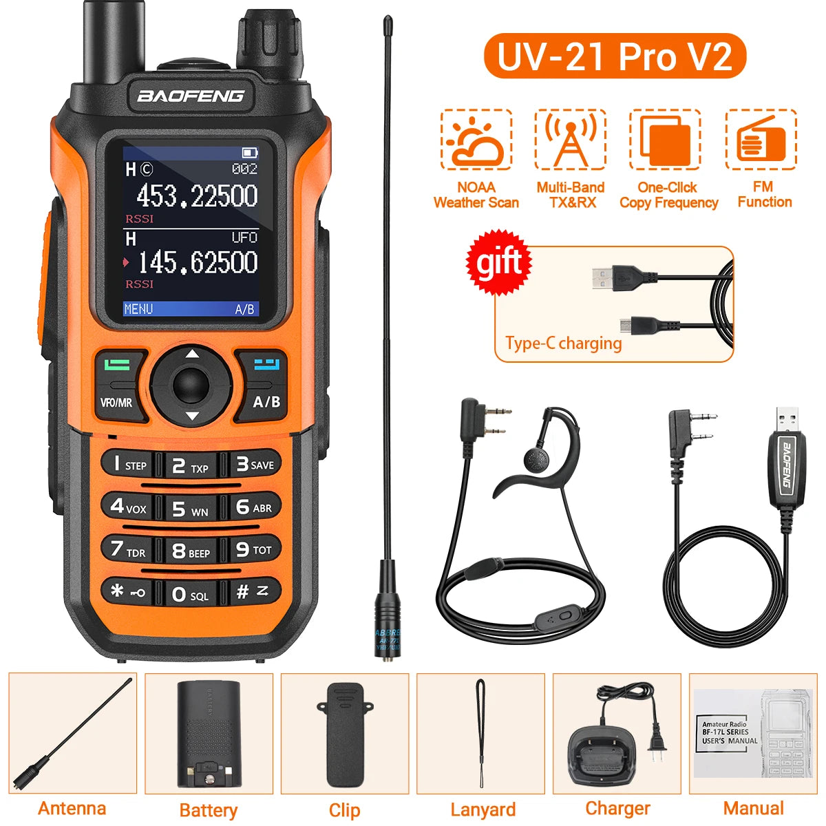 Baofeng UV-21 Pro V2 Long-Range Walkie Talkie – VHF/UHF Two-Way Radio with Air Band Reception, Wireless Frequency Copy & USB-C Charging