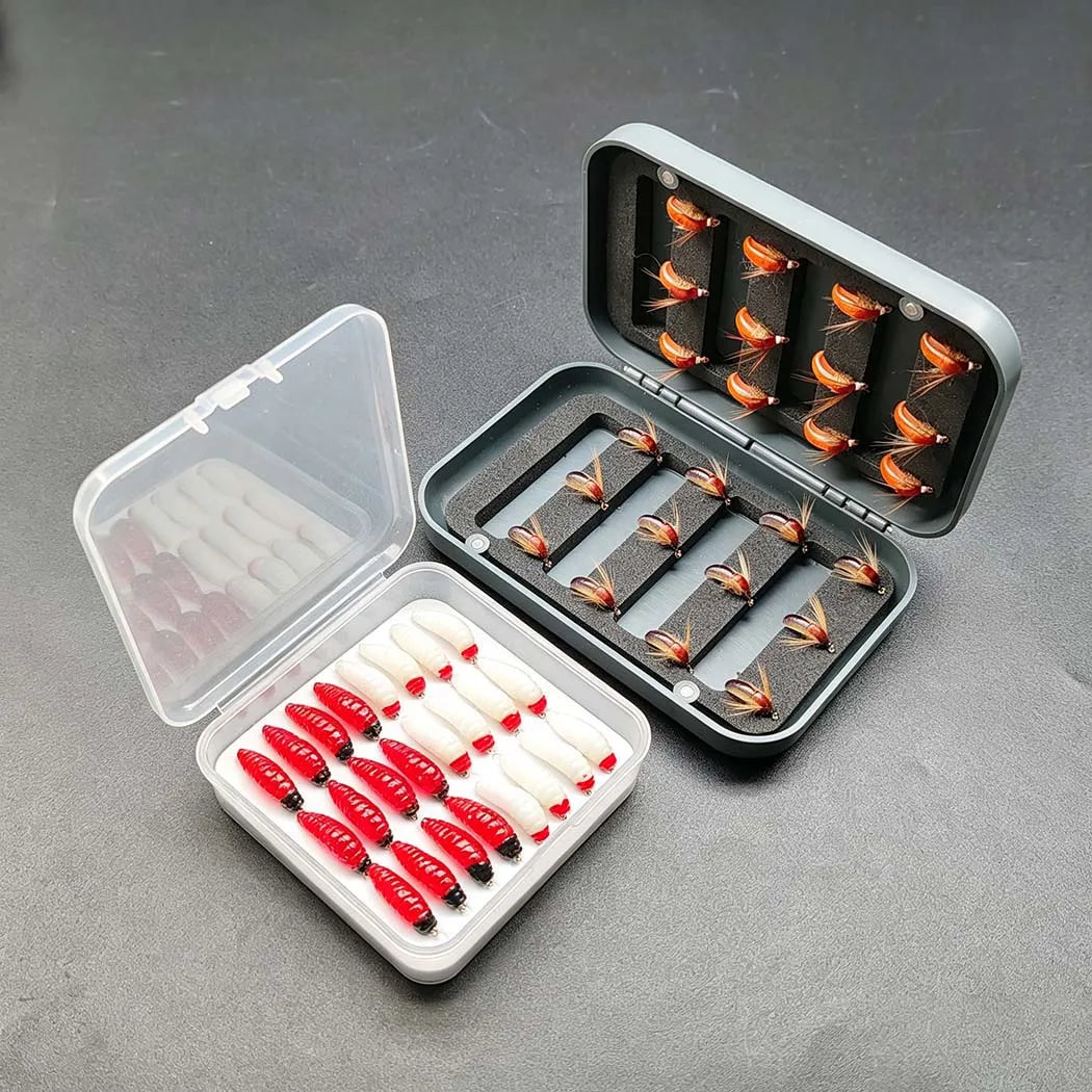 Wet Dry Fly Fishing Set Nymphs Set-2 Boxes Bundle(Total 48 Pcs Flies)Flies Kit Lures Fishing Box for Trout/Bass/Carp