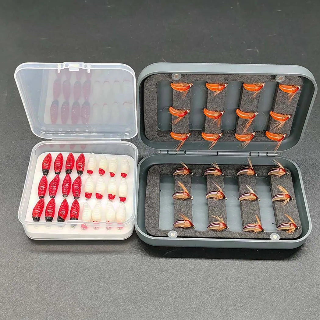 Wet Dry Fly Fishing Set Nymphs Set-2 Boxes Bundle(Total 48 Pcs Flies)Flies Kit Lures Fishing Box for Trout/Bass/Carp