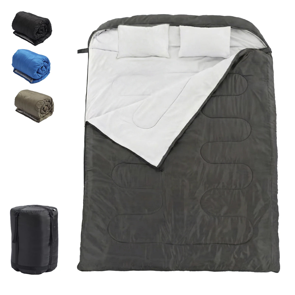 A lightweight 3-season double sleeping bag designed for two adults. It includes pillows, packs into a compact carrying bag, and is intended for camping, hiking, fishing, festivals, and road trips.