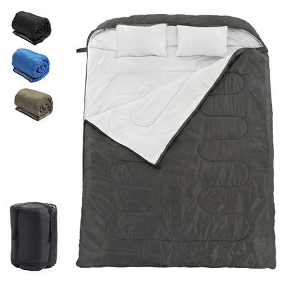A lightweight 3-season double sleeping bag designed for two adults. It includes pillows, packs into a compact carrying bag, and is intended for camping, hiking, fishing, festivals, and road trips.