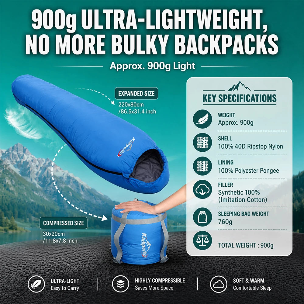 Kamperbox SY011 Lightweight Adult Sleeping Bag | 40D Ripstop Nylon Shell | Synthetic Fiber Insulation | Portable Camping & Hiking Sleeping Bag