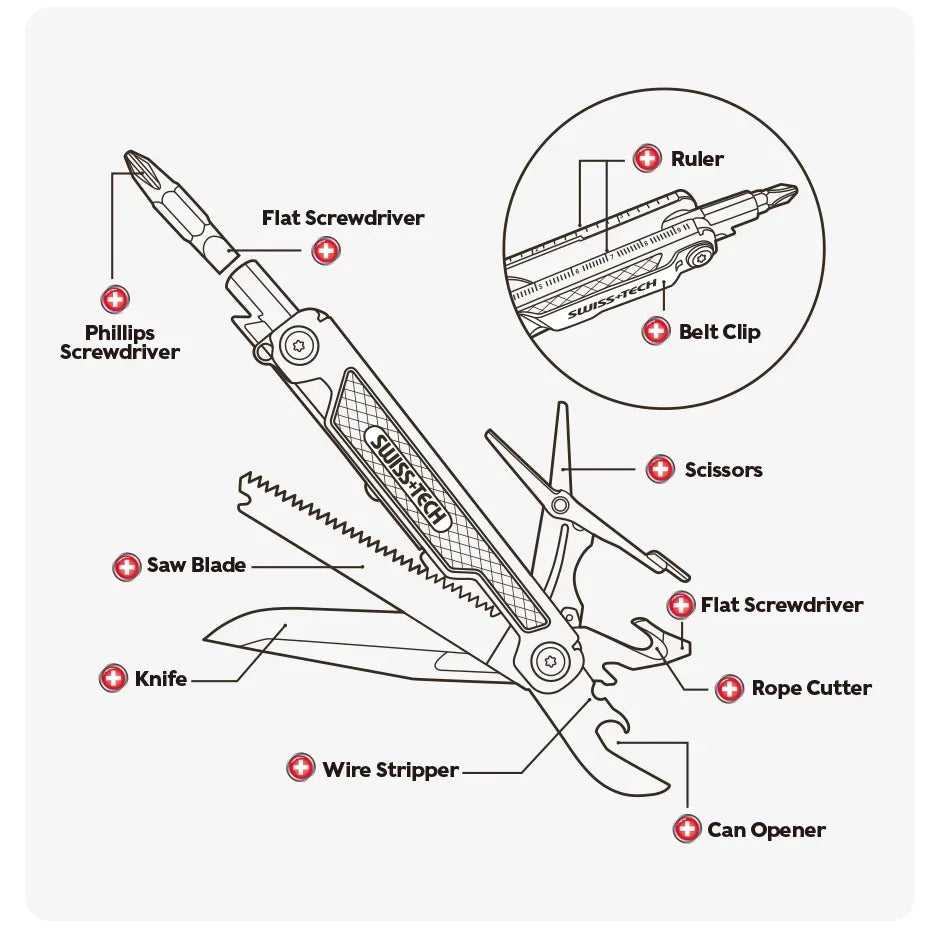 SWISS TECH 11 in 1 Mini Multitool Knife Folding EDC Outdoor Camping Survival Tools Scissors Screwdriver Multi Tool with Clip