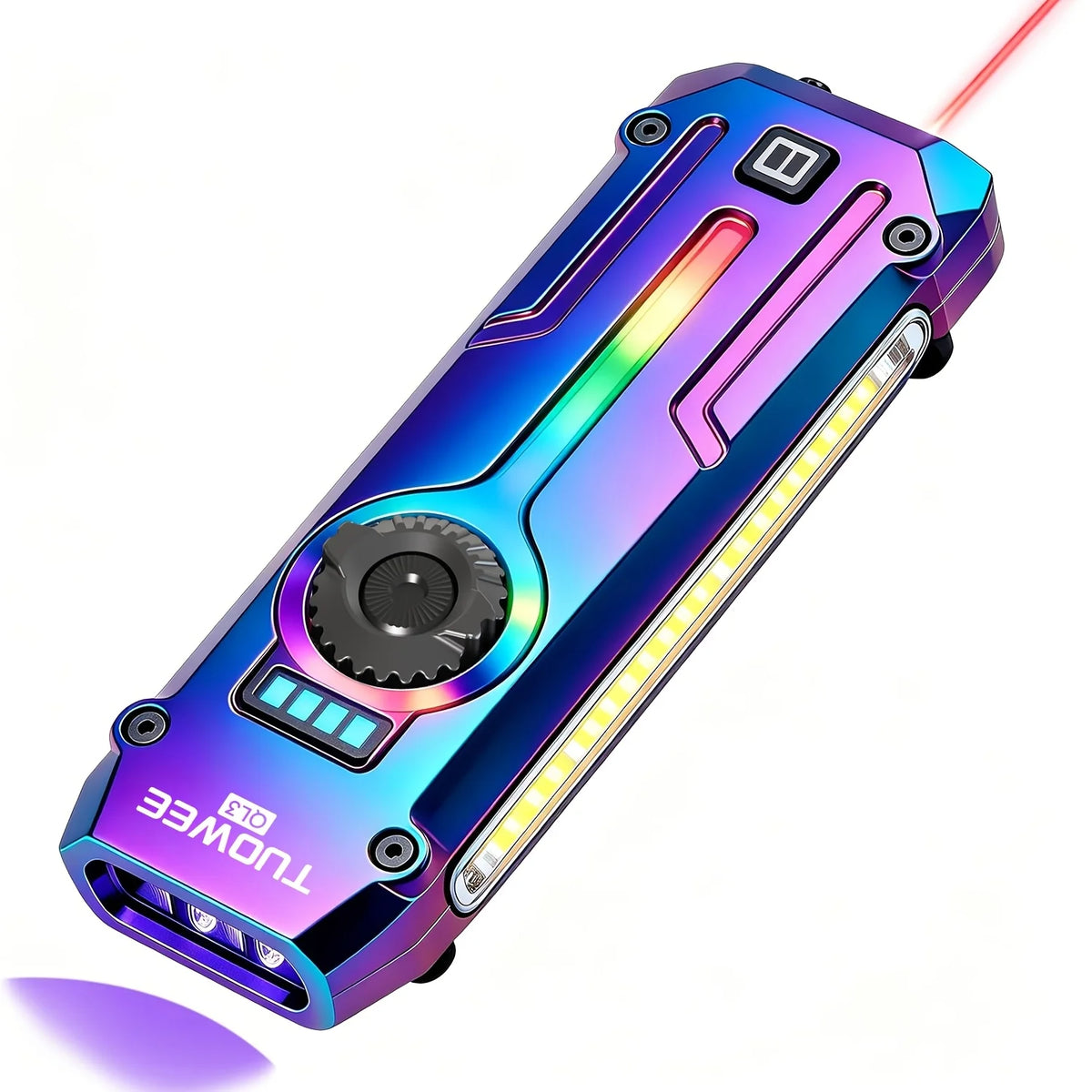 TUOWEE 7-in-1 1800LM Tactical Flashlight, Type-C Rechargeable EDC Light with 395 NM UV Light, Laser, RGB Light, Magnetic Base & Stepless Dimming for Outdoor Use