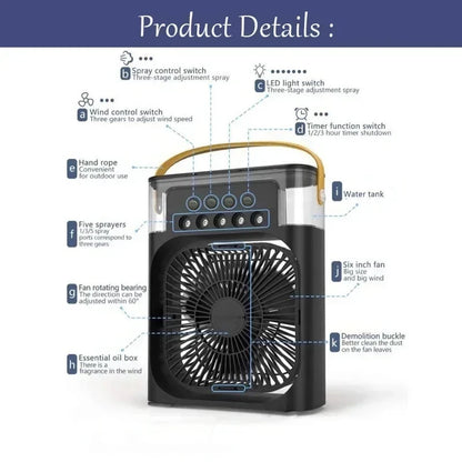 3-in-1 Portable Mini Air Cooler Fan with Humidifier & LED Night Light – Adjustable Personal Air Conditioner for Home, Office and Tents