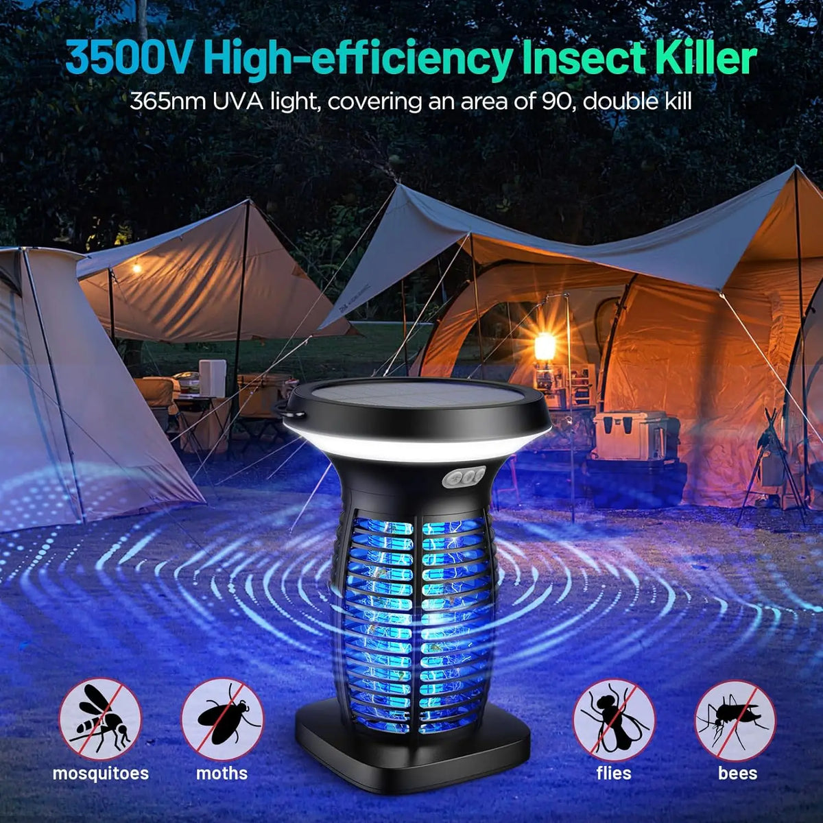 Solar-Powered Outdoor Bug Zapper – Waterproof, Portable & Rechargeable Mosquito and Fly Trap with Solar Panel, Light Sensor & LED Night Light