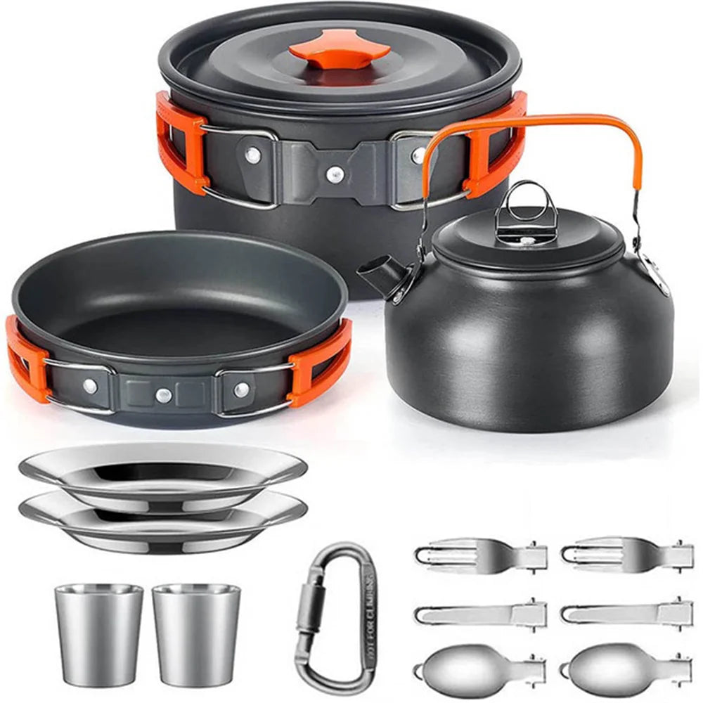 Camping Cookware Set for 2–3 People – Non-Stick Camping Cooking Pot & Pan Set with Teapot, Travel Tableware Kit for Outdoor Camping, Hiking, Backpacking & Picnics