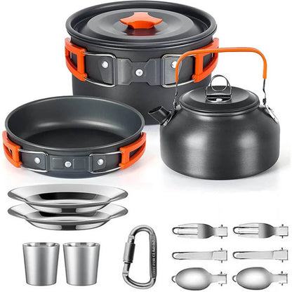 Camping Cookware Set for 2–3 People – Non-Stick Camping Cooking Pot & Pan Set with Teapot, Travel Tableware Kit for Outdoor Camping, Hiking, Backpacking & Picnics