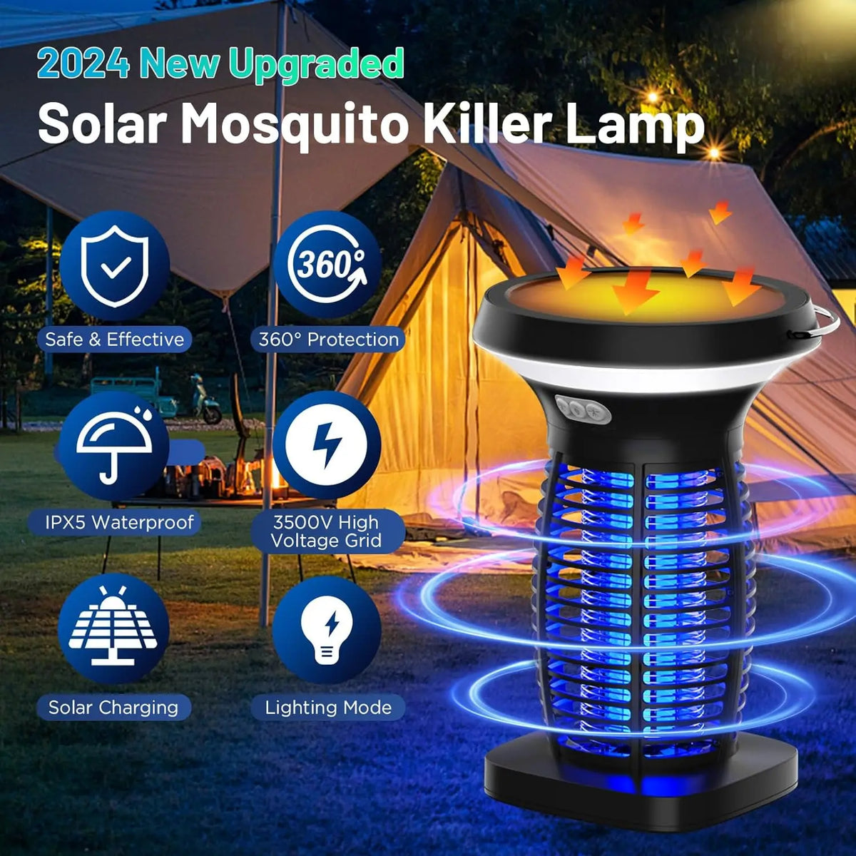 Solar-Powered Outdoor Bug Zapper – Waterproof, Portable & Rechargeable Mosquito and Fly Trap with Solar Panel, Light Sensor & LED Night Light