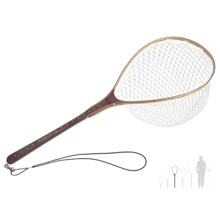 Fly Fishing Net for Freshwater Saltwater Use: Wooden Handle, Black Rubber Mesh, Soft Landing Safety Design Ideal