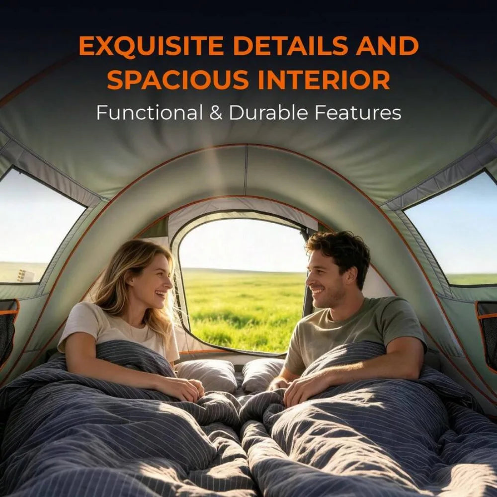 4 Person Pop Up Camping Tent Instant Setup Waterproof Family Shelter with Front Awning Dual Mesh Doors Automatic Portable Sun Protection for Beach Festival Backyard Outdoor Travel Hiking