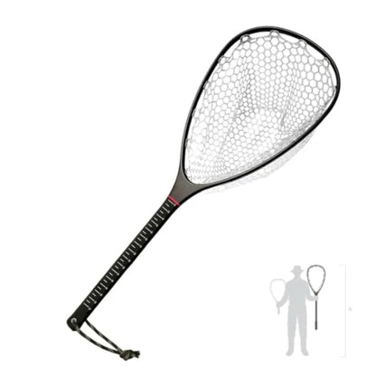 Fly Fishing Landing Net for Trout: Carbon Fiber Frame, Black/Gray, Soft Rubber Mesh Measurement Handle Standard or Long