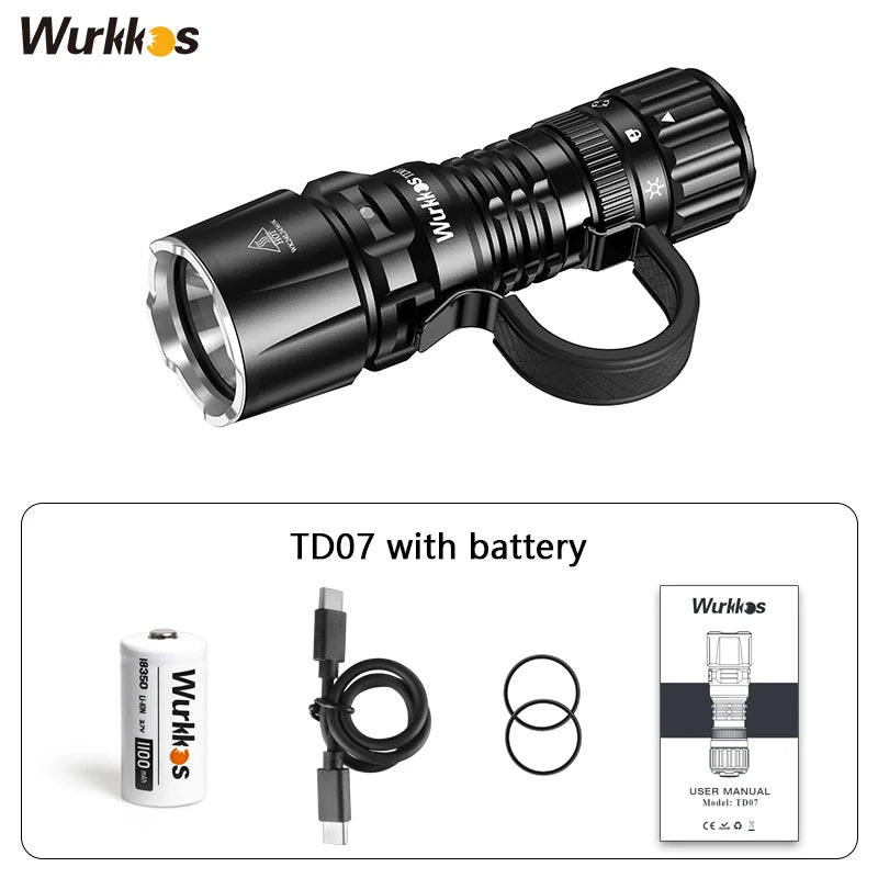 Wurkkos TD07 Tactical Flashlight 1300 Lumens 479m Beam Distance 18350 Battery Dual Switch Ring Grip Police/Everyday Use