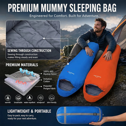 Kamperbox SY011 Lightweight Adult Sleeping Bag | 40D Ripstop Nylon Shell | Synthetic Fiber Insulation | Portable Camping & Hiking Sleeping Bag