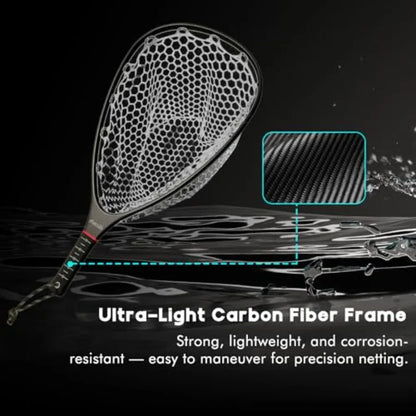 Fly Fishing Landing Net for Trout: Carbon Fiber Frame, Black/Gray, Soft Rubber Mesh Measurement Handle Standard or Long