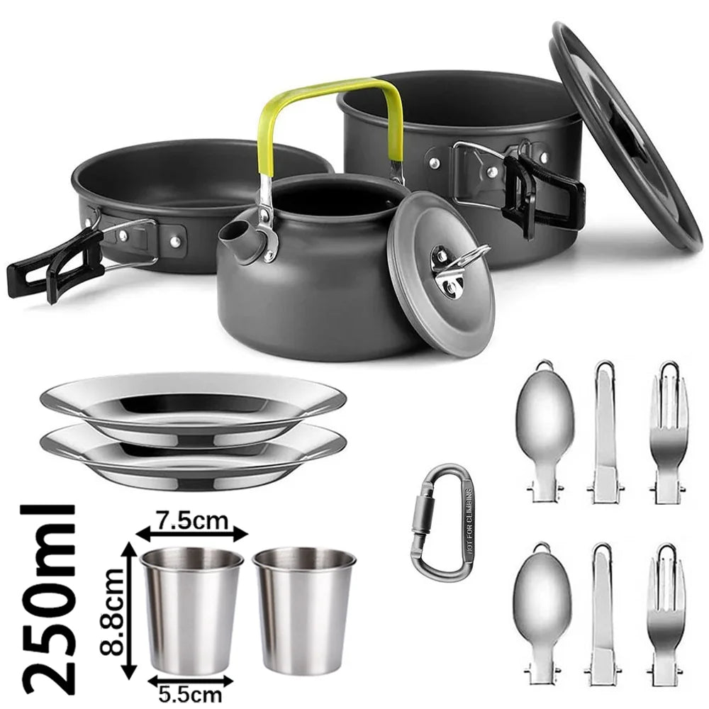 Camping Cookware Set for 2–3 People – Non-Stick Camping Cooking Pot & Pan Set with Teapot, Travel Tableware Kit for Outdoor Camping, Hiking, Backpacking & Picnics