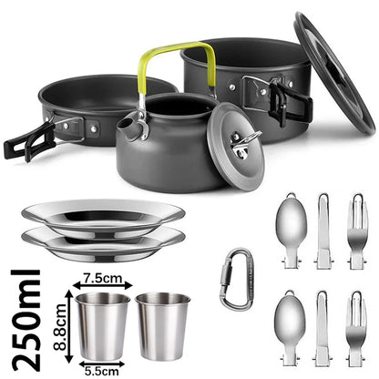 Camping Cookware Set for 2–3 People – Non-Stick Camping Cooking Pot & Pan Set with Teapot, Travel Tableware Kit for Outdoor Camping, Hiking, Backpacking & Picnics