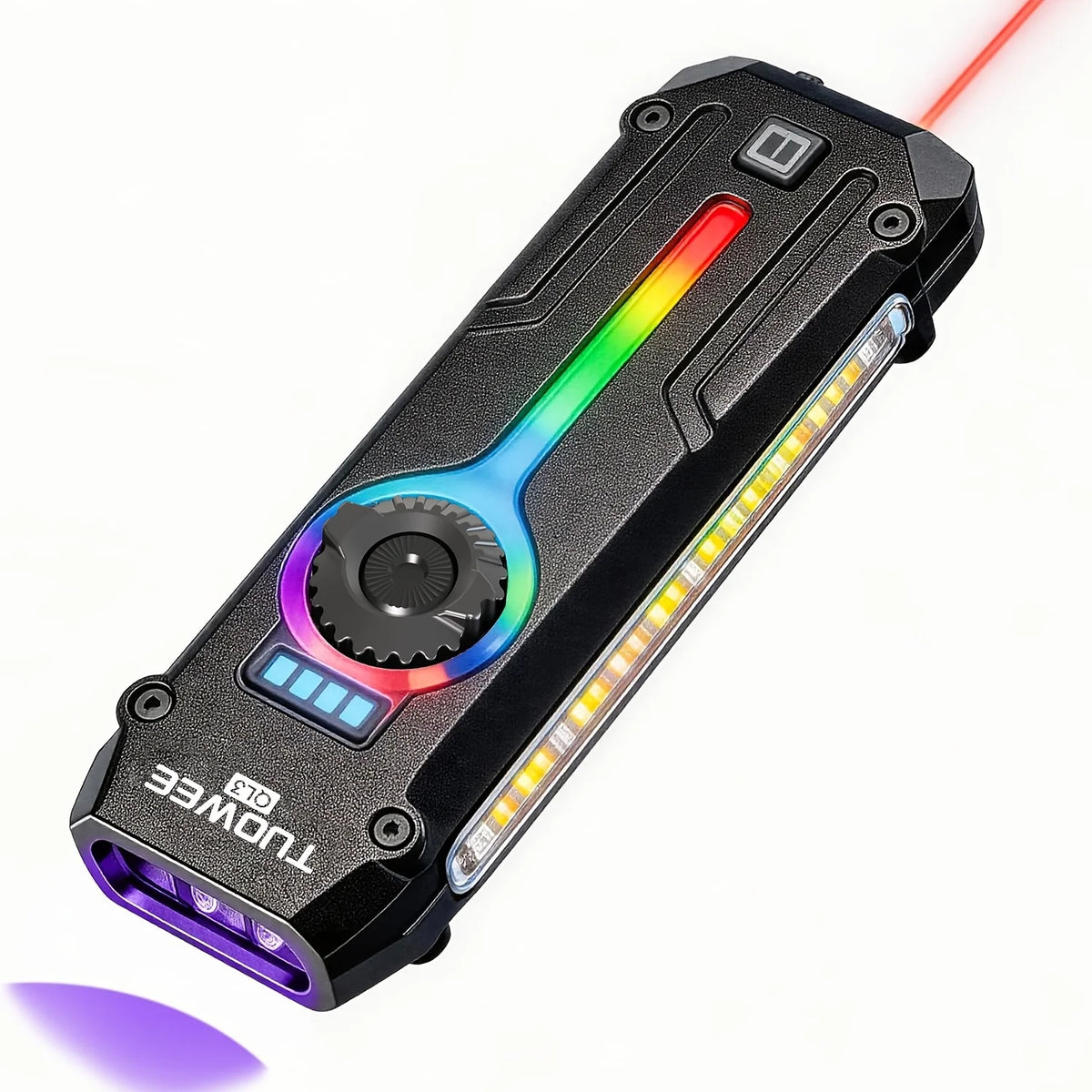 TUOWEE 7-in-1 1800LM Tactical Flashlight, Type-C Rechargeable EDC Light with 395 NM UV Light, Laser, RGB Light, Magnetic Base & Stepless Dimming for Outdoor Use