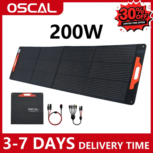 OSCAL 200W Portable Foldable Solar Panel Charger, 23% High Efficiency Monocrystalline ETFE, IP67 Waterproof Adjustable Kickstand, for Power Station RV Camping Home Emergency