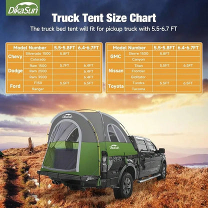 Waterproof PU3000 Truck Bed Tent for 2 Person Camping Tear Resistant Portable Pickup Tent with 3 Windows 4 Storage Bags Compatible with F150 F250 F350 RAM Titan Dirt Bike Tailgate Overnight Outdoor Travel