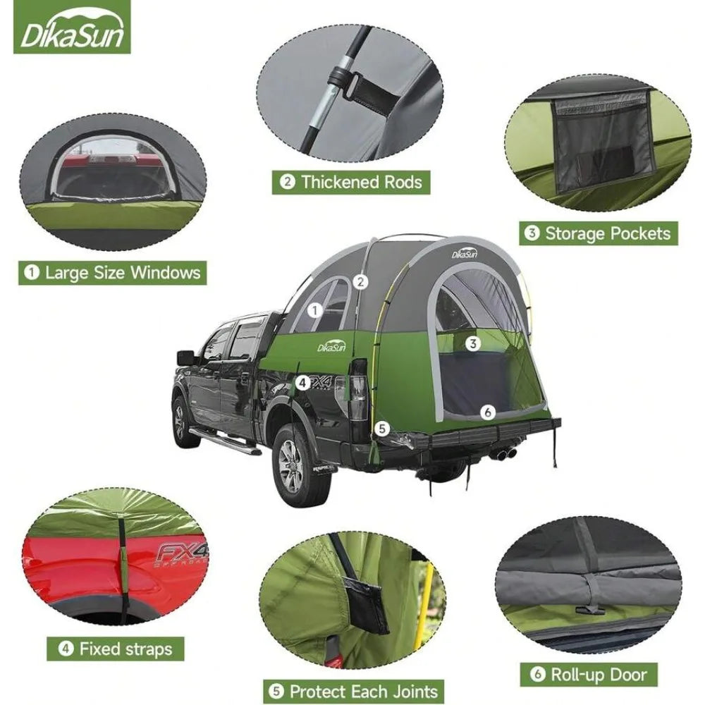 Waterproof PU3000 Truck Bed Tent for 2 Person Camping Tear Resistant Portable Pickup Tent with 3 Windows 4 Storage Bags Compatible with F150 F250 F350 RAM Titan Dirt Bike Tailgate Overnight Outdoor Travel