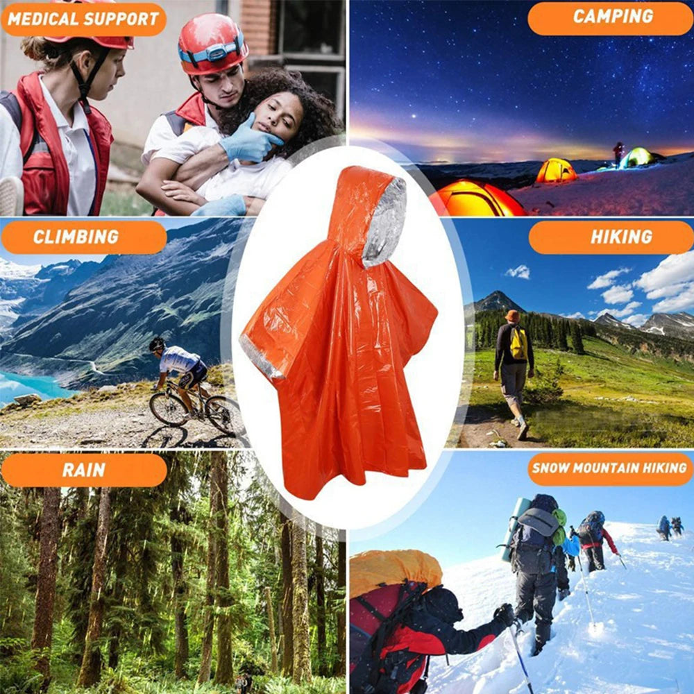 1Pc Emergency Waterproof Aluminum Film Rain Poncho,Thermal Warm Rainwear&Survival Blanket,Multi-purpose Outdoor Survival Gadgets