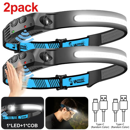 2pcs 1000mAh usb rechargeable head flashlight super bright led with motion sensor for camping running fishing