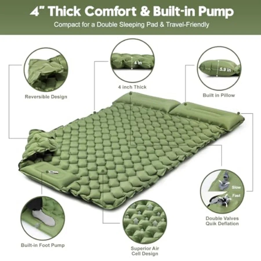 Double Sleeping Pad for Camping – 4" Thick Inflatable Mattress for 2, Built-In Foot Pump & Pillow, Ultralight, Self-Inflating
