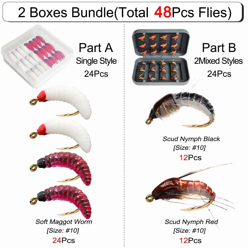 Wet Dry Fly Fishing Set Nymphs Set-2 Boxes Bundle(Total 48 Pcs Flies)Flies Kit Lures Fishing Box for Trout/Bass/Carp