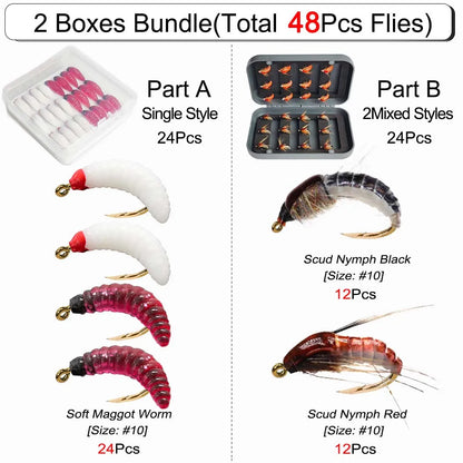 Wet Dry Fly Fishing Set Nymphs Set-2 Boxes Bundle(Total 48 Pcs Flies)Flies Kit Lures Fishing Box for Trout/Bass/Carp
