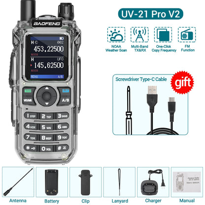 Baofeng UV-21 Pro V2 Long-Range Walkie Talkie – VHF/UHF Two-Way Radio with Air Band Reception, Wireless Frequency Copy & USB-C Charging