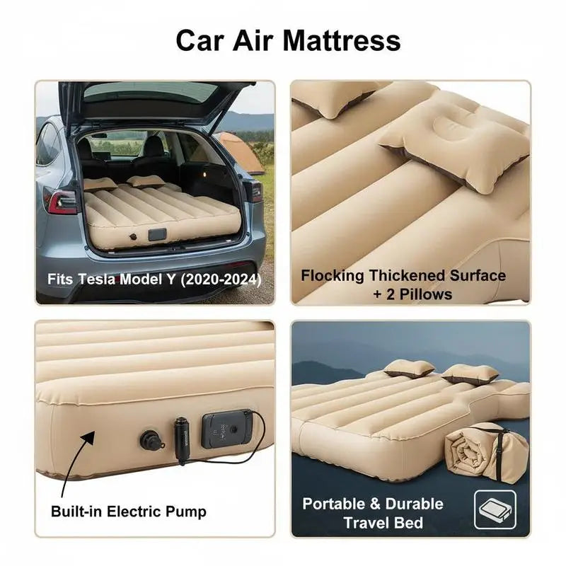 Inflatable Vehicle Sleeping Mat (75" × 51") – Built-In Air Pump, Thickened Flocked Surface, Portable Car Camping Air Mattress for Travel & Road Trips (Beige)