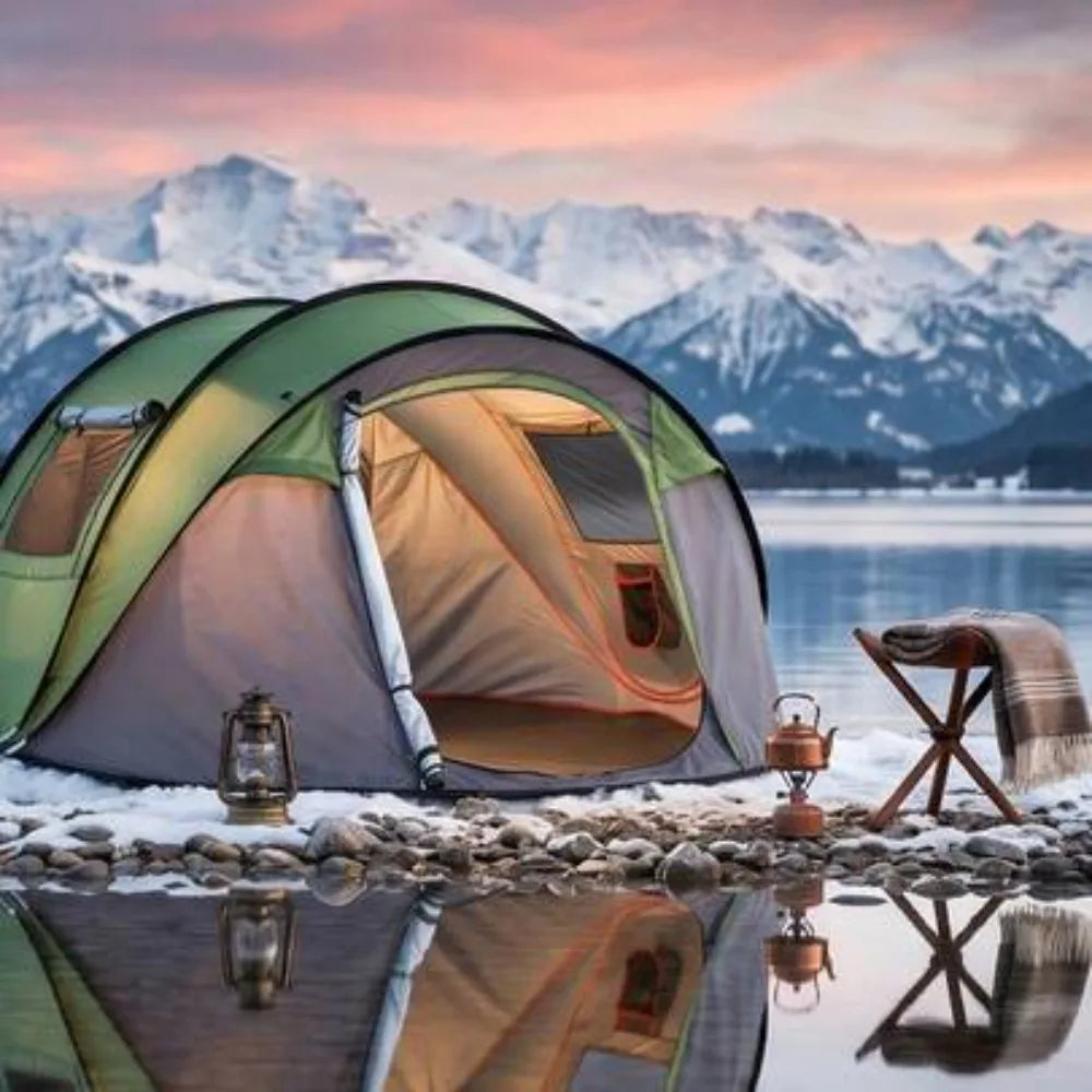 4 Person Pop Up Camping Tent Instant Setup Waterproof Family Shelter with Front Awning Dual Mesh Doors Automatic Portable Sun Protection for Beach Festival Backyard Outdoor Travel Hiking