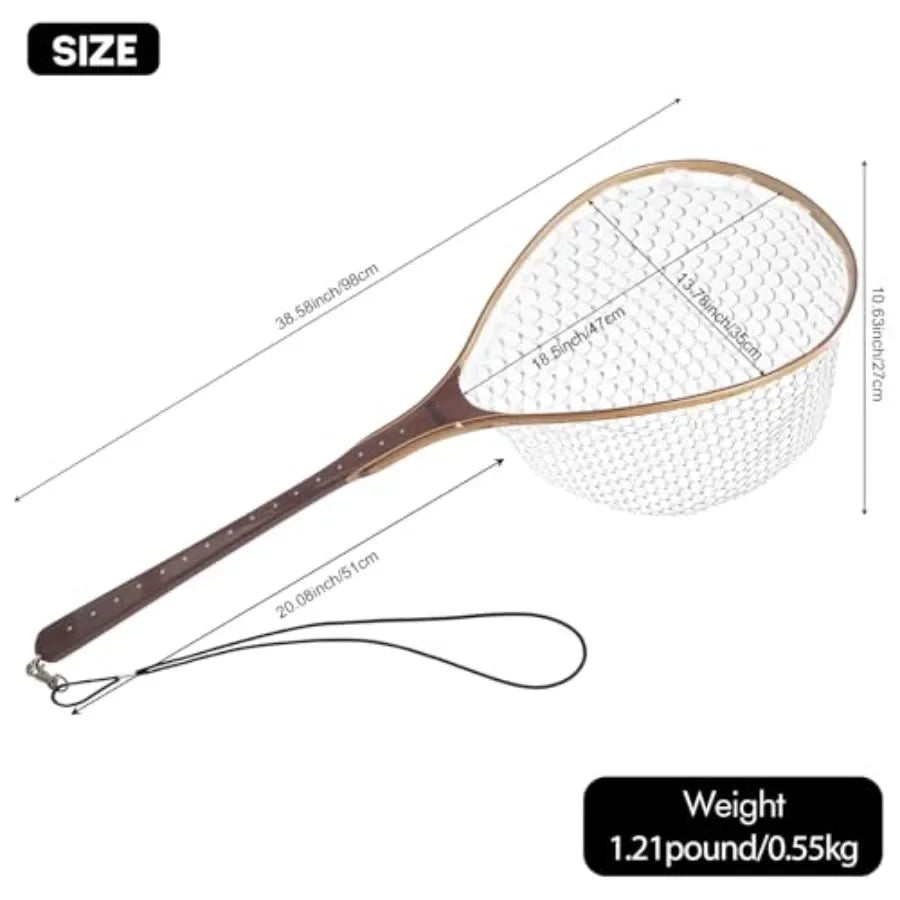 Fly Fishing Net for Freshwater Saltwater Use: Wooden Handle, Black Rubber Mesh, Soft Landing Safety Design Ideal