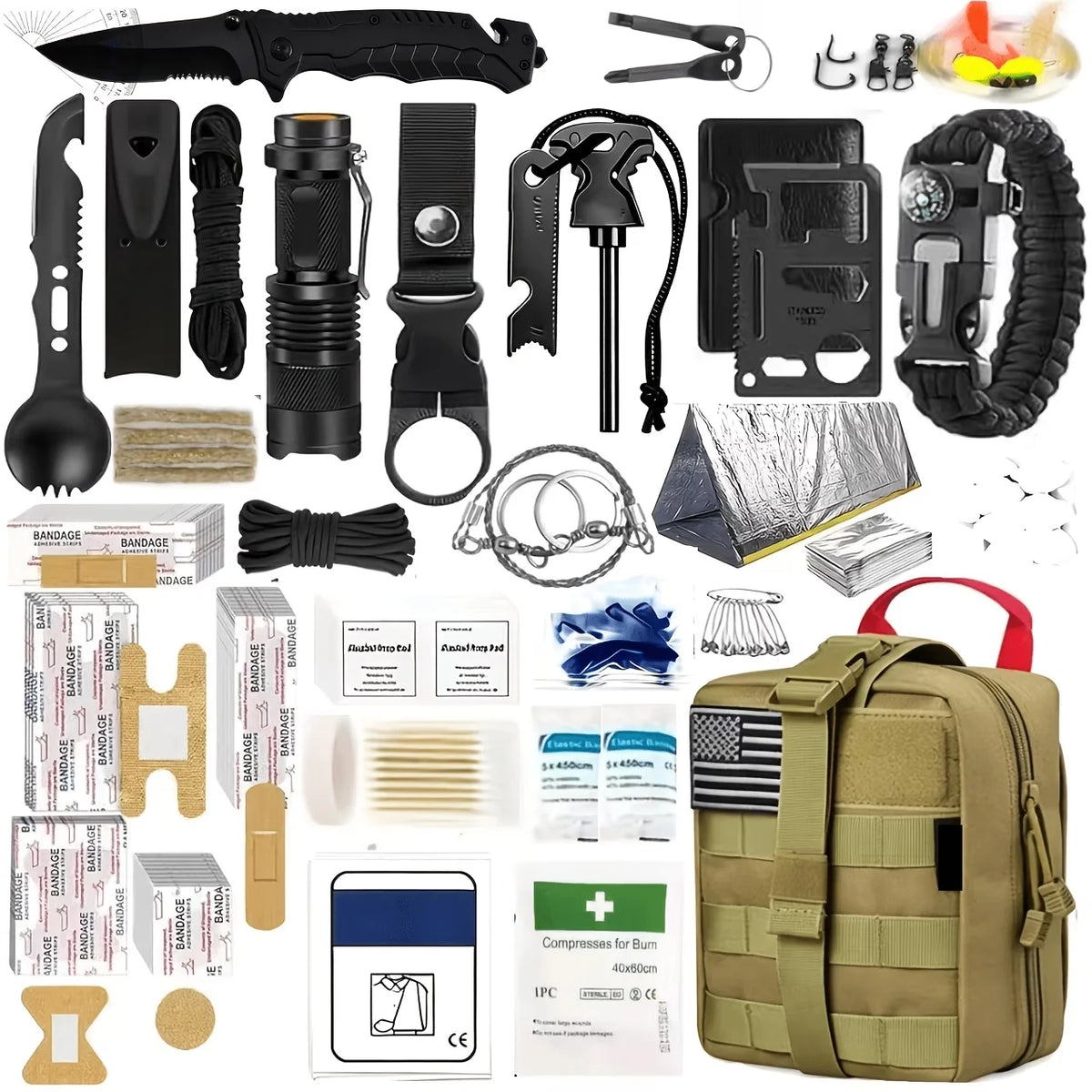 A comprehensive survival and outdoor gear kit featuring 258 essential pieces, including fire starters, compasses, and versatile multi-functional tools. Designed for camping, hiking, emergency preparedness, and outdoor adventu