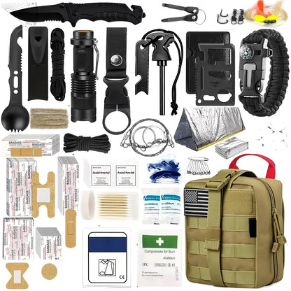 A comprehensive survival and outdoor gear kit featuring 258 essential pieces, including fire starters, compasses, and versatile multi-functional tools. Designed for camping, hiking, emergency preparedness, and outdoor adventu