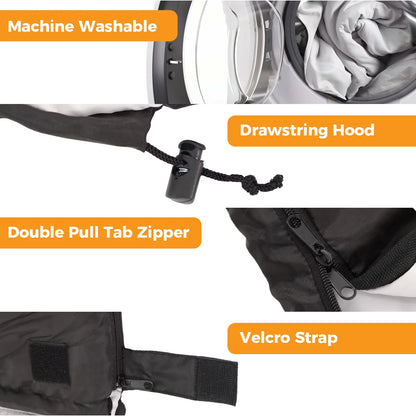 A lightweight 3-season double sleeping bag designed for two adults. It includes pillows, packs into a compact carrying bag, and is intended for camping, hiking, fishing, festivals, and road trips.